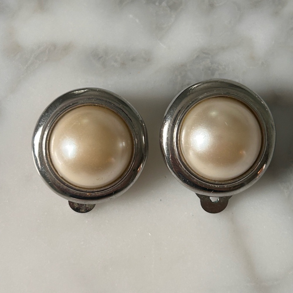 Elegant Silvertone and Pearl Clip-On Earrings